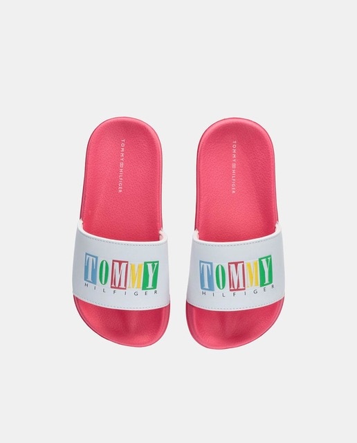 Chanclas de niña en blanco tipo pala con detalle de logotipo multicolor