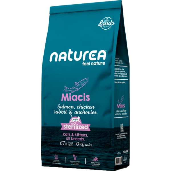 Ração para Gato Sterilized Lands Miacis Salmon, Chicken Rabbit & Anchovies embalagem 1,6 kg
