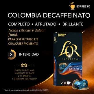 Café descafeinado Colombia intensidad 6 estuche 10 cápsulas compatibles con máquinas Nespresso - L'or Espresso