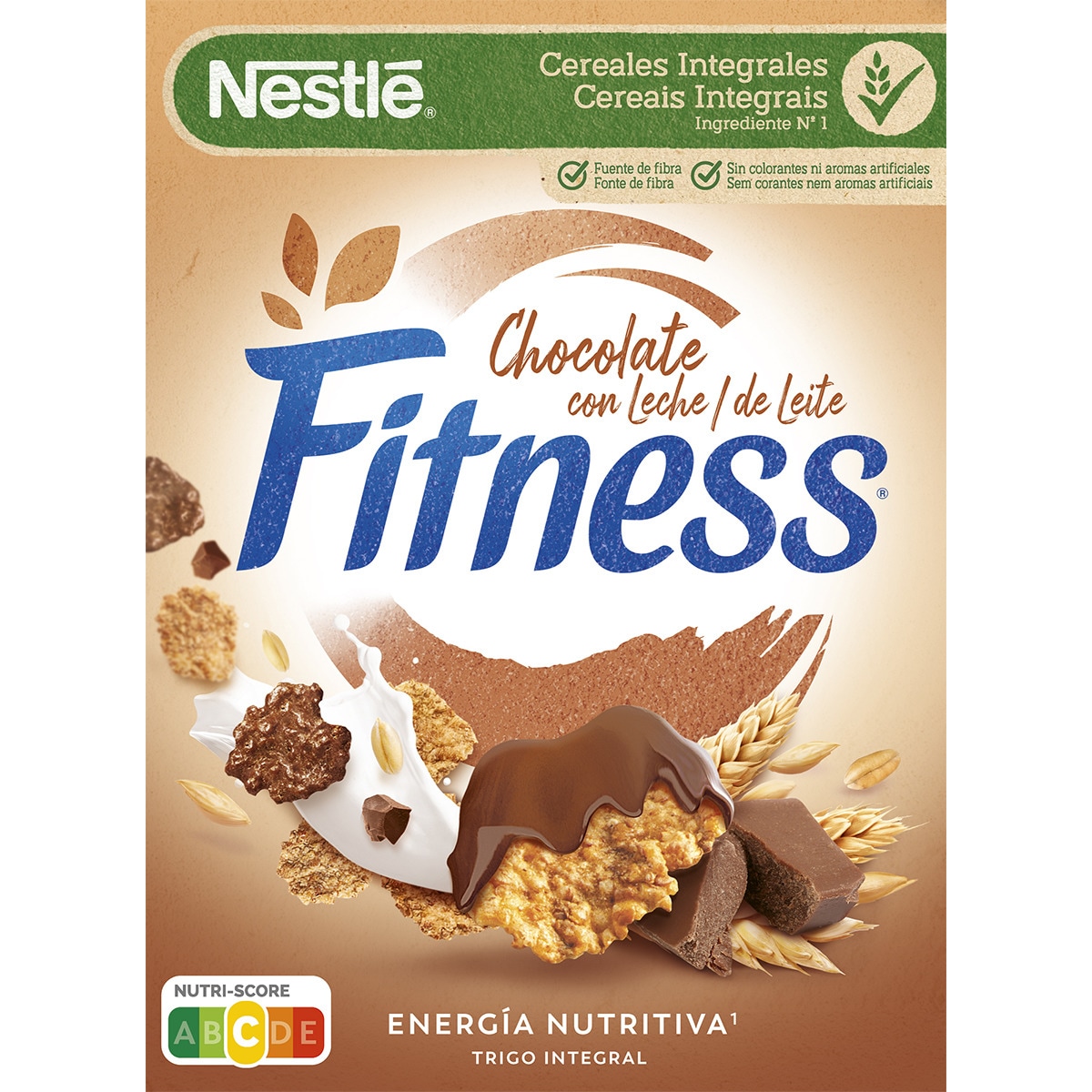cereales de desayuno copos de trigo integral y arroz tostado con chocolate con leche