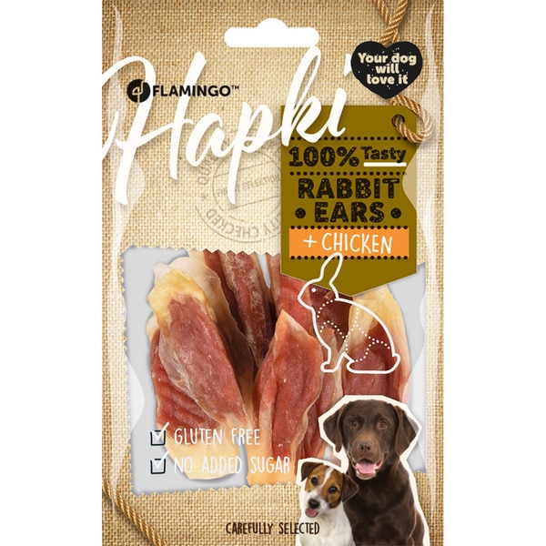 dog snacks rabbit ears and chicken container 85 g