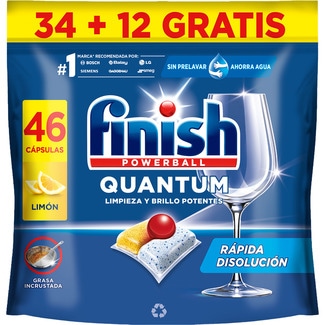 FINISH detergente lavavajillas Powerball Quantum Limpieza y Brillo Potentes limón bolsa 46 pastillas