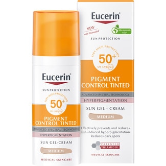 EUCERIN Sun Pigment Control FPS 50+ crema solar facial con color tono medio frasco 50 ml reduce con eficacia las manchas oscuras y ayuda a evitar su reaparición