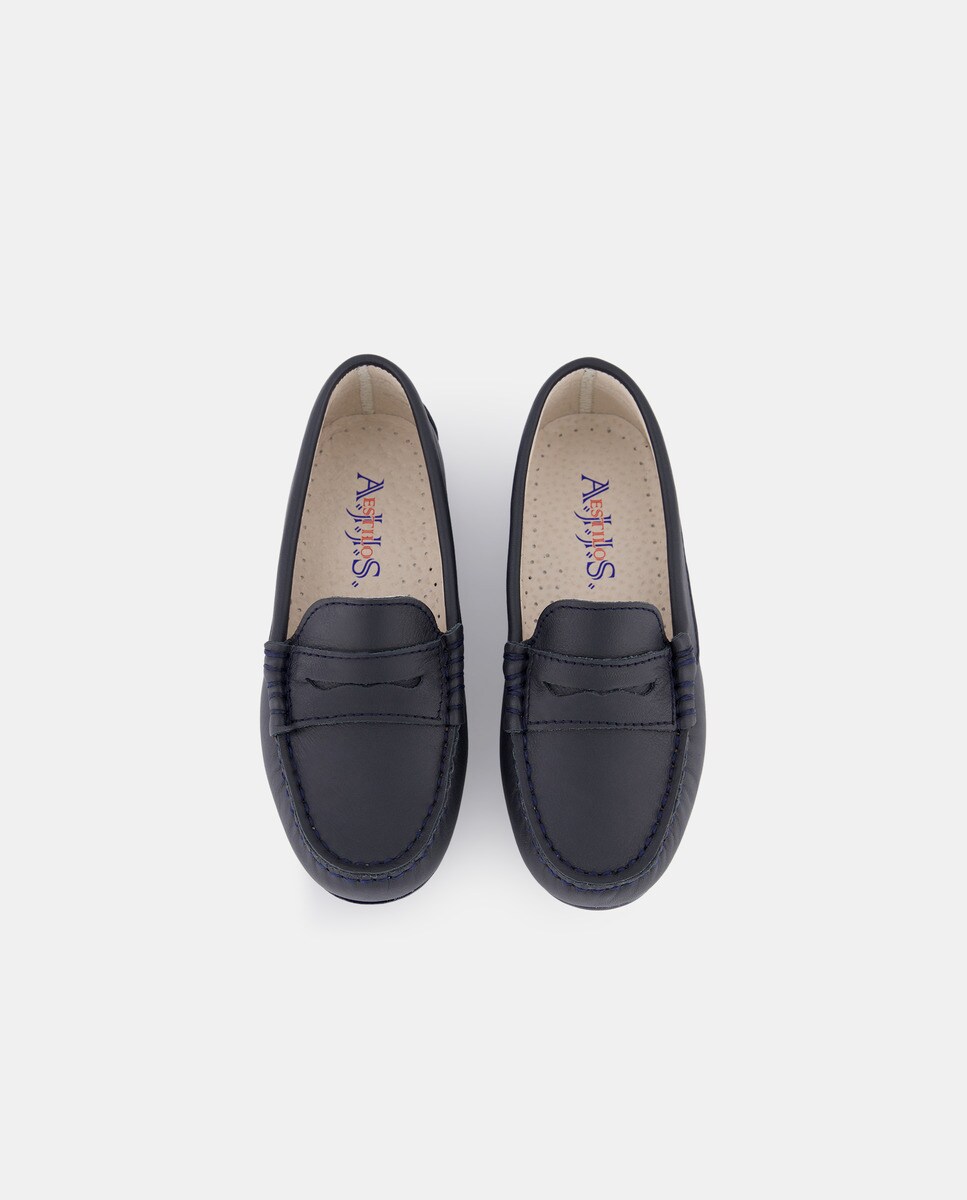 Mocassins com Travessão e em Pele AJJS Estilo Azul-marinho-4
