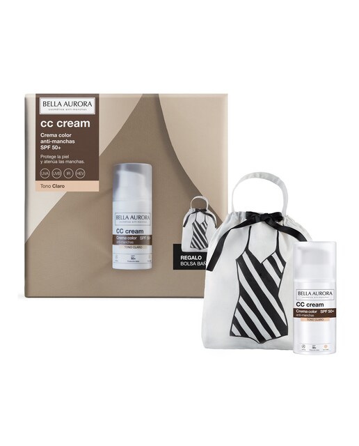 Bella Aurora – Pack Solar CC Cream SPF50+ Tono Claro con Bolsa Bañador.