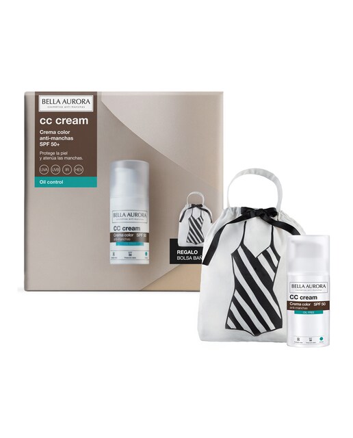Bella Aurora – Pack Solar CC Cream SPF50+ Oil Free con Bolsa Bañador.
