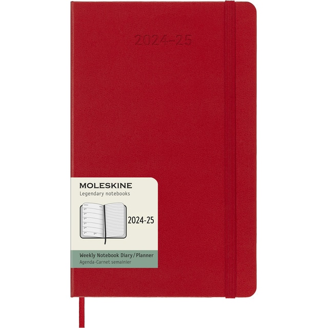 Agenda large de 18 meses de julio 2024 a diciembre 2025 semana vista tapa dura Moleskine rojo escarlata en inglés.