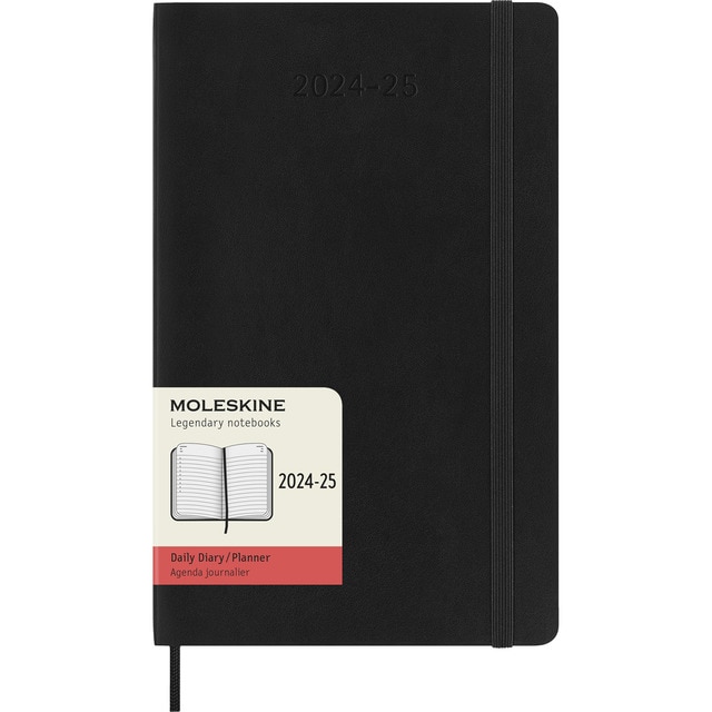 Agenda large de 18 meses de julio 2024 a diciembre 2025 día página tapa blanda Moleskine negro en inglés.