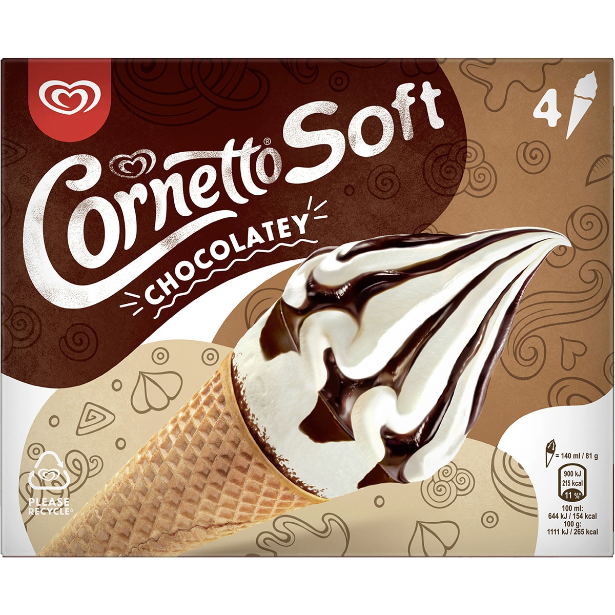 VAINILLA CHOC 4 CORNETTO SOFT Soft cono de helado de vainilla con salsa de hocolate 4 unidades