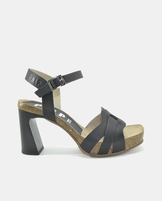 Sandalias de tacón de mujer en piel con plataforma pulsera al tobillo y tacón bloque