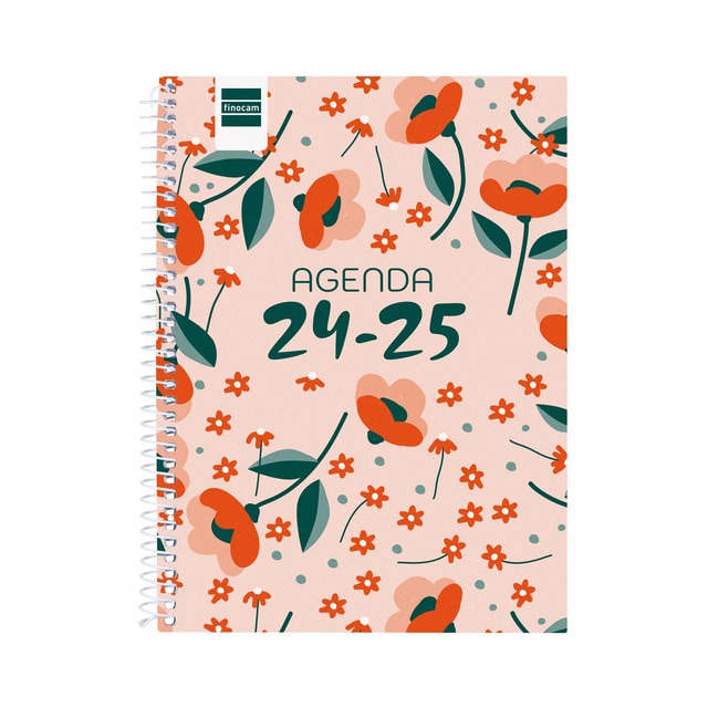 Agenda curso 2024-2025 Cool 1/4 - 155x212 mm semana vista horizontal Floral Finocam catalán multilingüe.