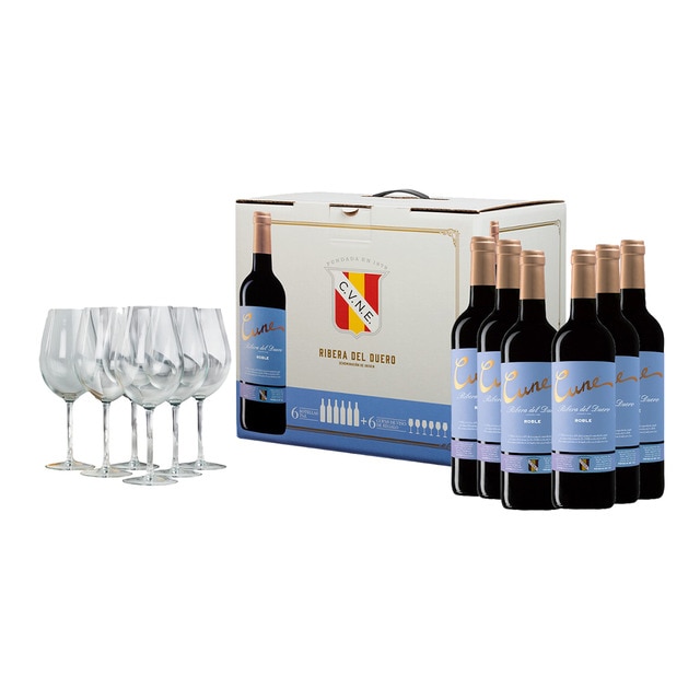 Caja de 6 botellas tinto CUNE Roble D.O. Ribera de Duero + 6 Copas para vino