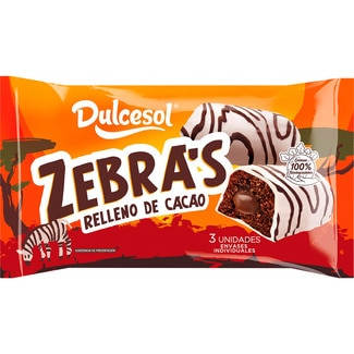DULCESOL Zebra's bizcocho recubierto de chocolate blanco y negro relleno de cacao 3 unidades bolsa 120 g