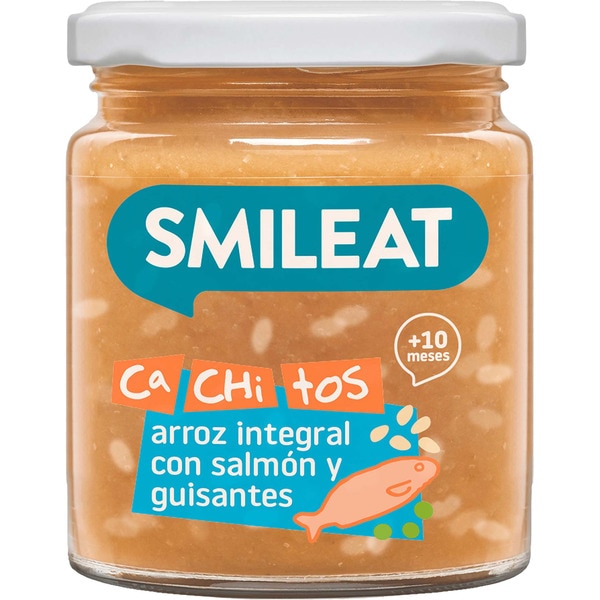 SMILEAT Cachitos tarrito de arroz integral con salmón y guisantes ecológico desde 10 meses envase 230 g 