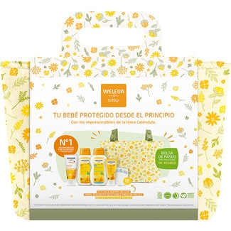 WELEDA bolsa de paseo para carrito de bebé con pañal ecológico desechable de regalo 1 unidad incluye crema pañal+ crema facial+ aceite corporal+ baño de crema de Caléndula
