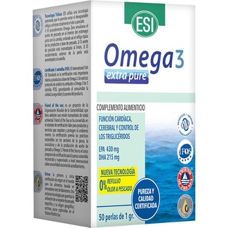 ESI Omega 3 Extra Pure función cardiaca, cerebral y control de los triglicéridos bote 50 perlas de 1g
