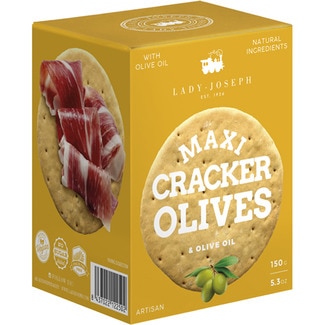 LADY JOSEPH crackers artesanos maxi con aceitunas verdes y aceite de oliva estuche 150 g