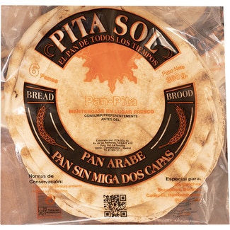 PITA SOL pan de pita árabe sin miga dos capas 6 unidades bolsa 360 g