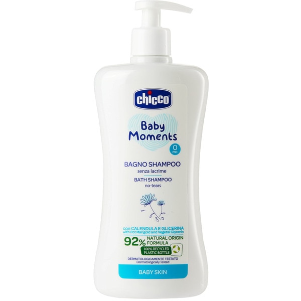 CHICCO champú y gel de baño infantil Baby Moments con caléndula y glicerina dosificador 500 ml 