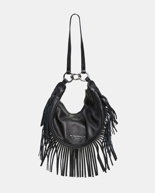 Bolso media luna de piel y flecos