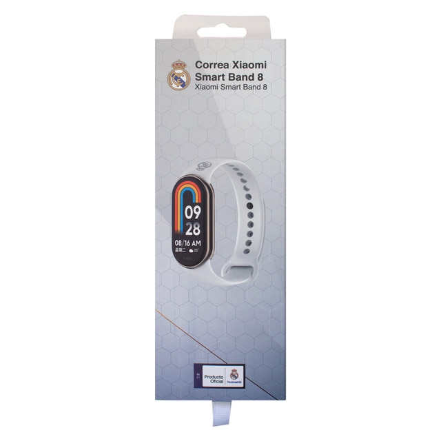 Correa Xiaomi smartband8 con escudo Real Madrid C.F. blanca de silicona, con cierre de click.