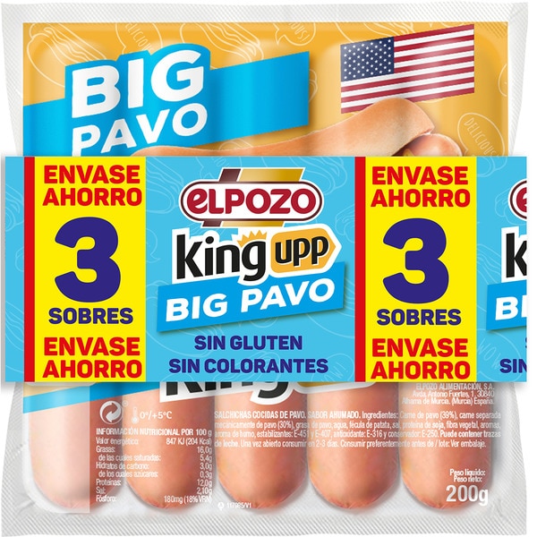 King upp big salchichas cocidas de pavo sabor ahumado sin gluten pack 3 x 200 g envase 600 g