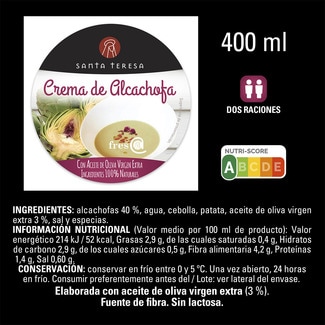 Crema de alcachofa con AOVE 2 raciones vaso 400 ml sin gluten sin lactosa - Santa Teresa