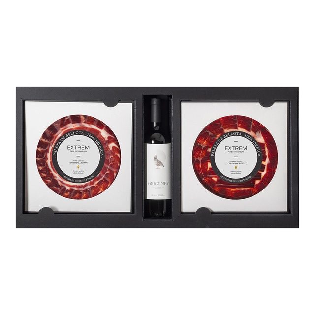 Cofre de 20 sobres de paleta de bellota 100% ibérica cortada a mano DO Dehesa de Extremadura Extrem Puro Extremadura con vino Orígenes 2020