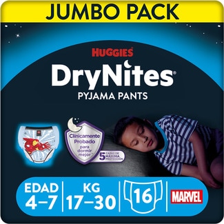 HUGGIES DRY NITES calzoncillos de noche absorbentes para niños 4-7 años 17-30 kg bolsa 16 unidades