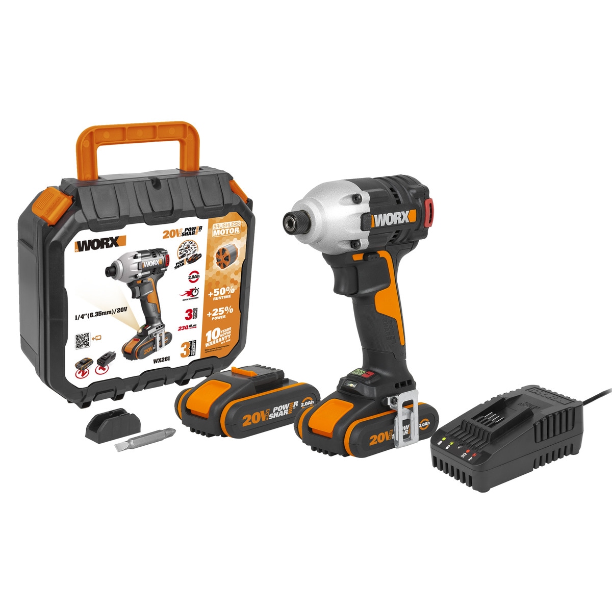 Worx – Atornillador de Impacto Eléctrico Motor Brushless a Bateria 20 V WX261 2 baterías.