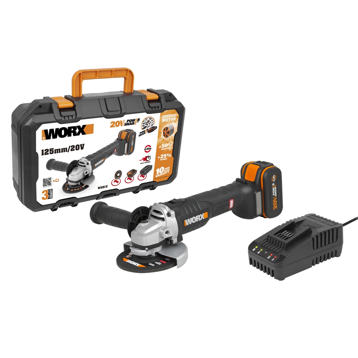 Worx – Amoladora Angular Motor Brushless a Batería 20 V WX812 Ø 125 mm.
