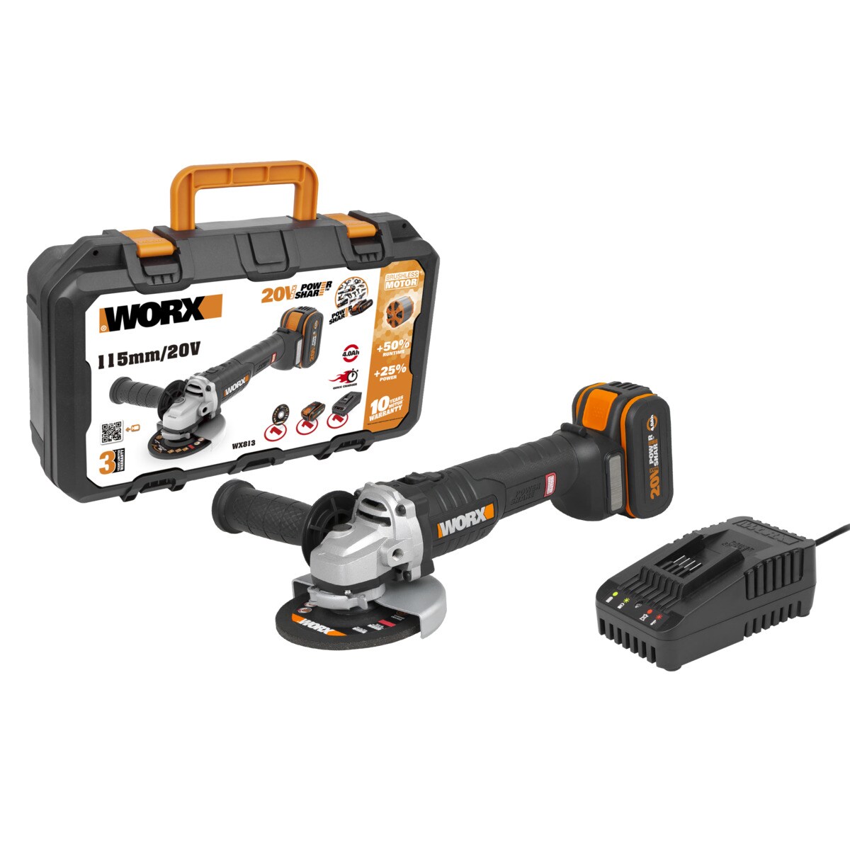 Worx – Amoladora Angular Brushless a Batería 20 V WX813 Ø 115 mm.