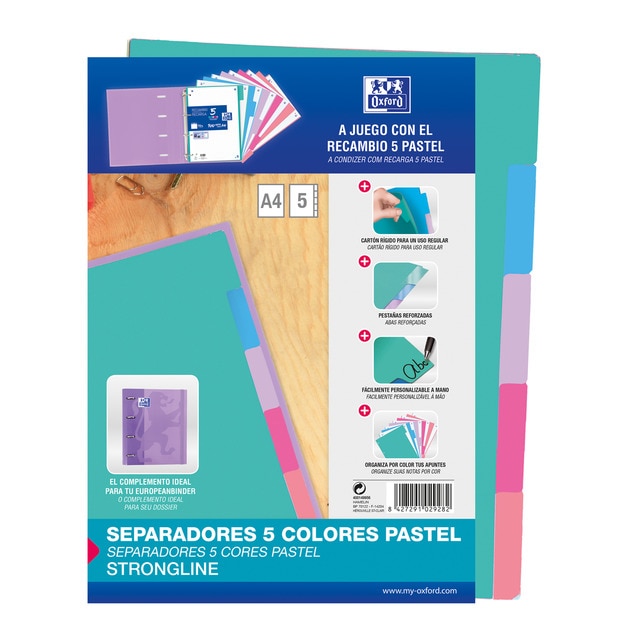 Separadores A4 con 5 posiciones y 4 taladros de cartulina 200gr Strongline Oxford colores pastel.