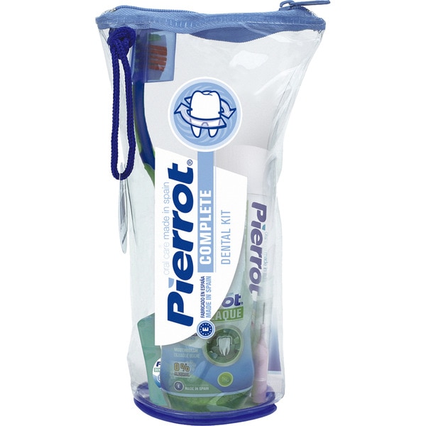 kit viaje con cepillo dental viaje + pasta de dientes 25 ml + enjuague bucal 60 ml + hilo dental Expanding 30 m + neceser transparente