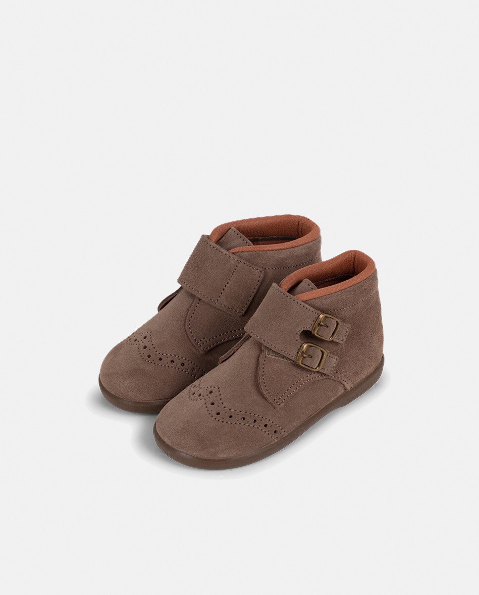 Botas de Bebé em Croute com Tira Aderente com Adorno de Fivelas - Azul-Marinho Pisamonas Taupe-3