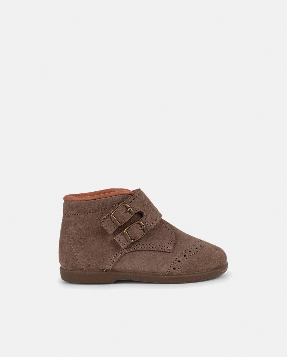 Botas de Bebé em Croute com Tira Aderente com Adorno de Fivelas - Azul-Marinho Pisamonas Taupe-1
