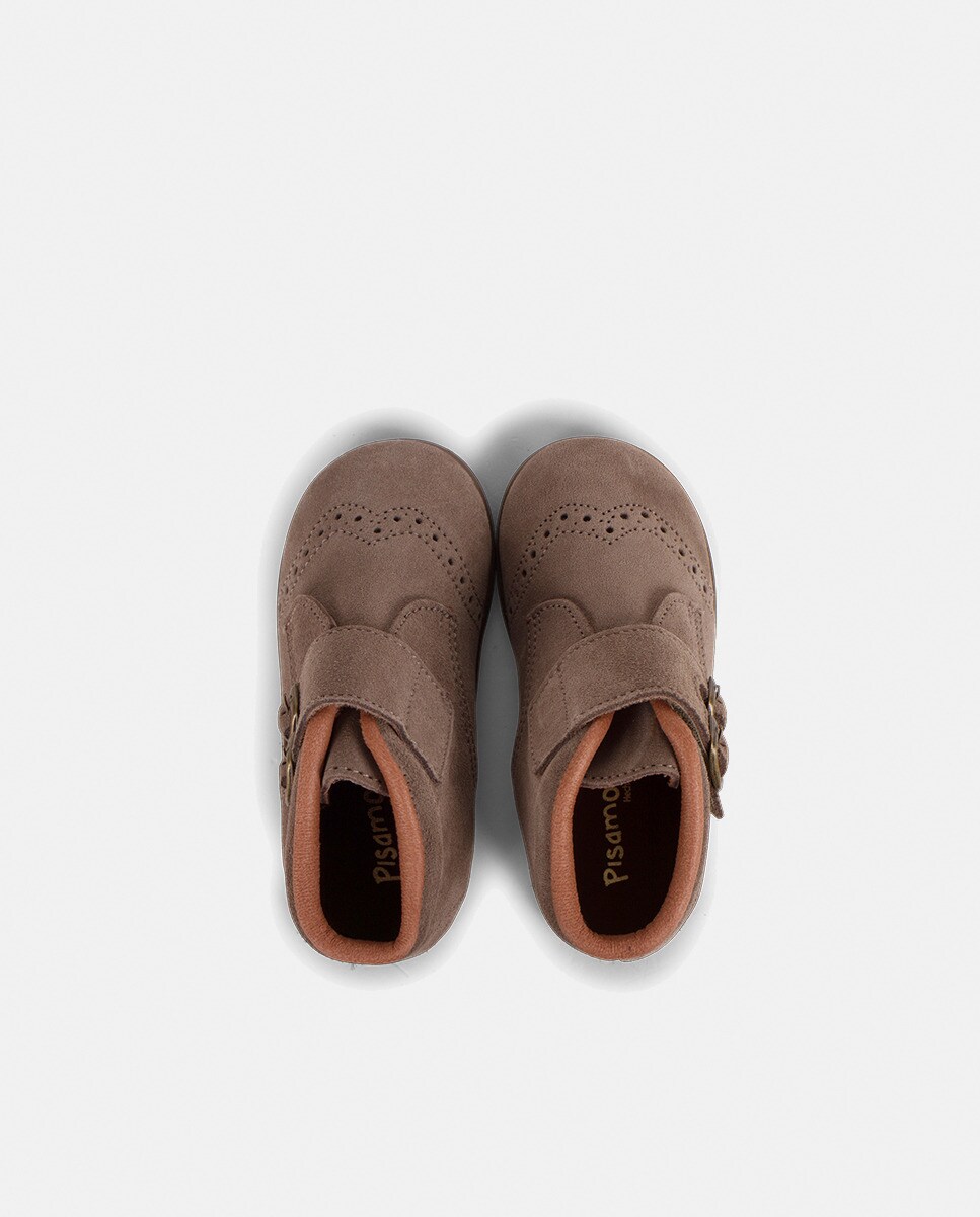 Botas de Bebé em Croute com Tira Aderente com Adorno de Fivelas - Azul-Marinho Pisamonas Taupe-4