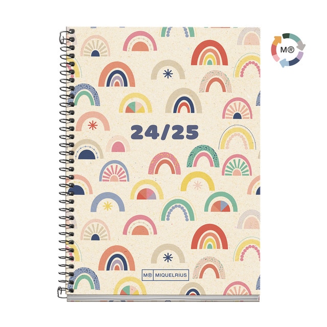 Agenda escolar 2024-2025 activa día página Recycled Rainbow Miquelrius Castellano e Inglés.