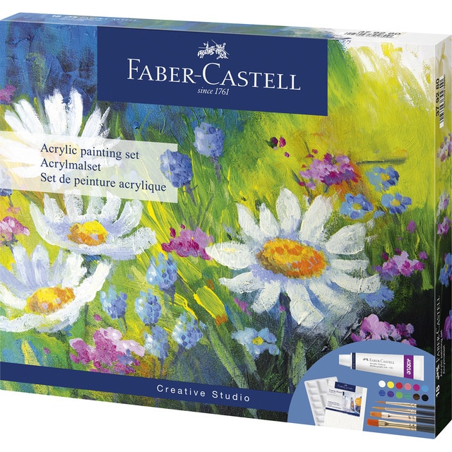 Pack pinturas acrílicas con 18 piezas especial principiantes Faber-Castell.
