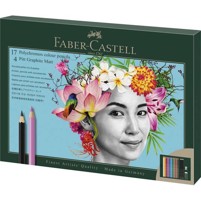 Estuche de regalo con 17 polycromos más 4 lapiceros de grafito mate Faber-Castell.