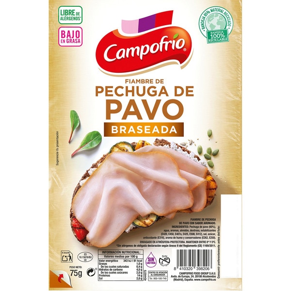 fiambre de pechuga de pavo braseada bajo en grasa en lonchas sin gluten sin lactosa envase 75 g