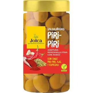 JOLCA aceitunas manzanilla fina con hueso aliñadas con chili piri piri y especias frasco 240 g neto escurrido