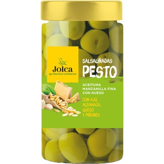 JOLCA aceitunas manzanilla fina con hueso aliñadas con ajo, albahaca, queso y piñones frasco 240 g neto escurrido