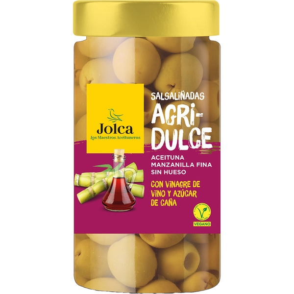 aceitunas manzanilla fina sin hueso aliñadas con vinagre de vino y azúcar de caña frasco 240 g neto escurrido