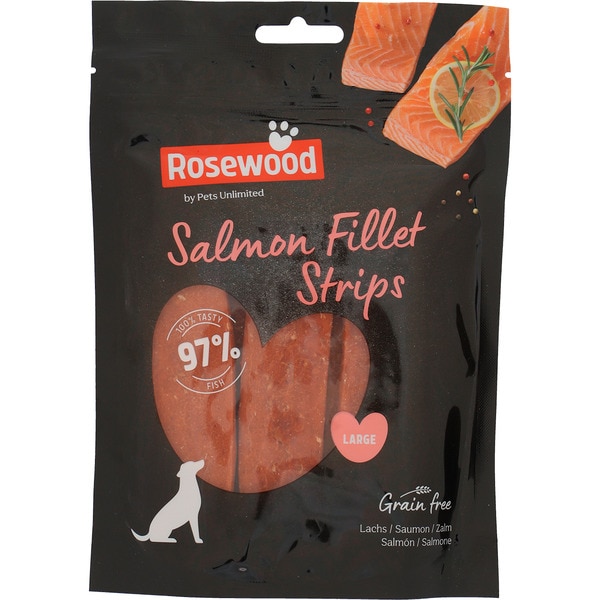 Große Snackstreifen für ausgewachsene Hunde Lachsfilets Grain Free Behälter 150 g