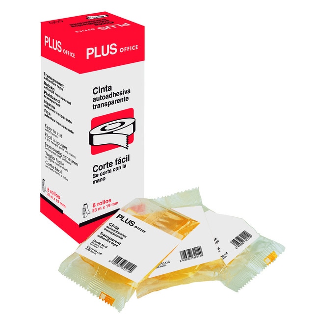 Pack de 8 unidades cinta adhesiva transparente Plus Office 19mm x 33m.