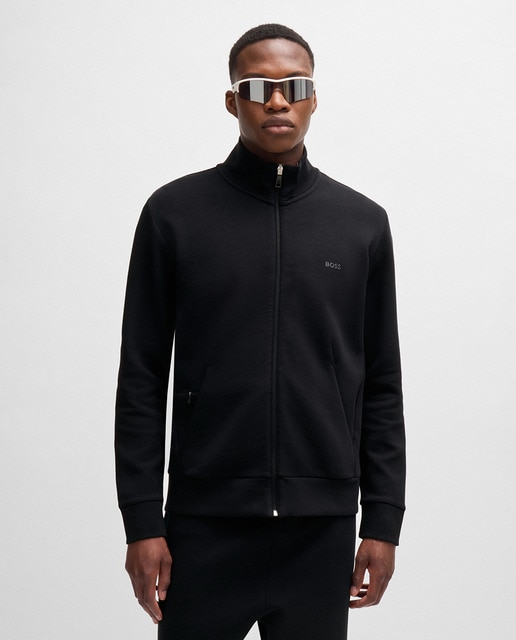 Boss - Sudadera de algodón elástico con cremallera y logo estampado.