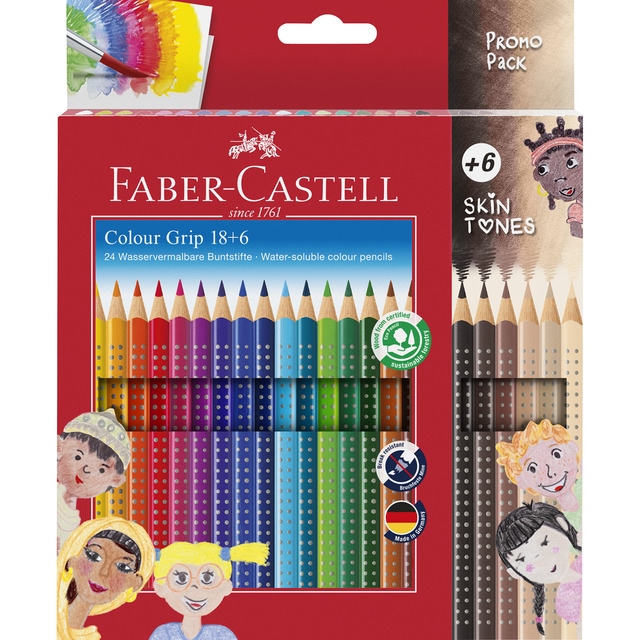 Estuche de cartón con 18lapiceros de color normal más 6 lapiceros color piel Faber-Castell.