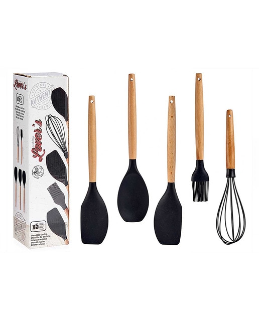 Set 5 utensilios cocina silicona mango madera haya