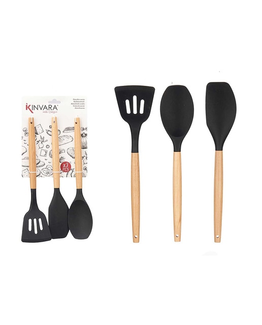 Set 3 pzs palas cocina silicona madera negro